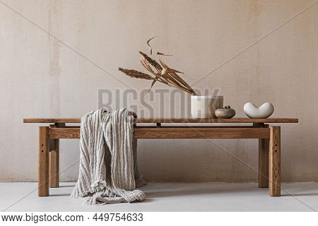 Creative Composition With Elegant Wooden Bench. Beautiful Decorations And Accessories. Modern Home I