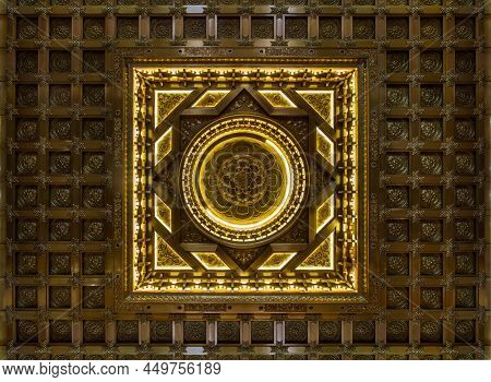 Elaborate Sculptures On Ceiling Design Inside The Buddhist Church Of Fo Guang San Temple. Taiwanese 