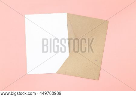 Wedding Invitation Or Greeting Card Mockup. Blank White Card 5x7 And Craft Paper Envelope.