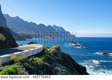 Coatal Road Near Playa Del Roque De Las Bodegas And Blue Atlantic Ocean, Anaga National Park Near Ta