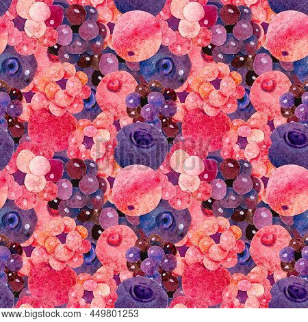 Hand-drawn Watercolor Raspberry Cranberry Blueberry Blackberry Seamless Pattern. Kidcore Cute Kawaii