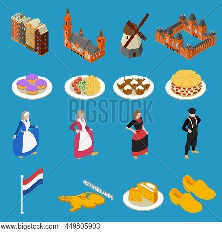 Set Of Color Isometric Icons Different Tourist Attractions Netherlands Cheese Mill National Clothes 