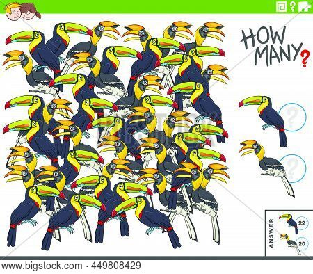 Illustration Of Educational Counting Game For Children With Cartoon Birds Animal Characters
