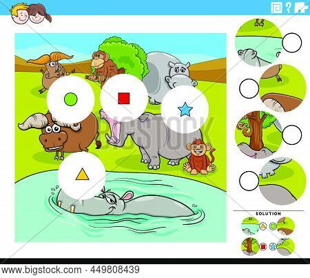 Cartoon Illustration Of Educational Match The Pieces Jigsaw Puzzle Task For Children With Funny Anim