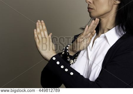 Break The Bias. Crossed Hands Symbol Of International Womens Day. Woman Arms Crossed To Show Solidar