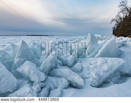 Ice Patterns And Piles Of Ice Plates Called Ice Shoves On The Green Bay Water Of Lake Michigan, Gath