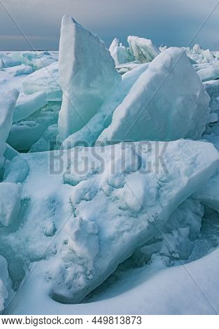 Ice Patterns And Piles Of Ice Plates Called Ice Shoves On The Green Bay Water Of Lake Michigan, Gath
