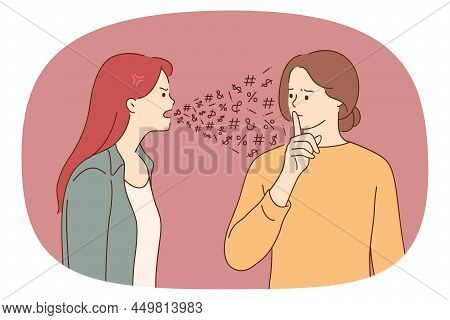 Problems In Communication And Conflict Concept. One Woman Feeling Angry Shouting At Another Girl Sho