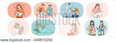Collection Of Smiling Loving Young Moms And Dads Take Care Of Newborn Babies. Set Of Happy Parents E