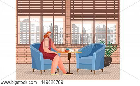Woman Character Sitting At Table With Cup Of Hot Beverage And Books Or Menu. Breaktime Of Female In 