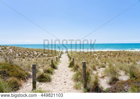 Path Leading Through Sand Dunes To Beach And Sea At Papamoa, Mount Maunganui