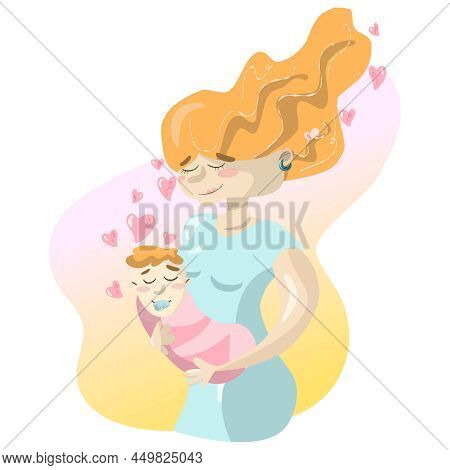 Ginger Hair Woman Holding Her Newborn Baby, Blue Dress