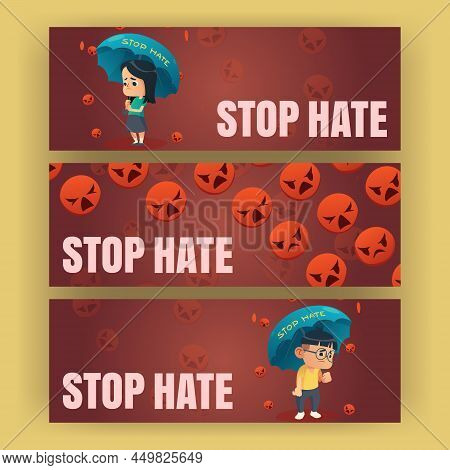 Stop Hate Cartoon Banners, Appeal To Support Community Of Asia During Pandemic. Cards With Sad Asian
