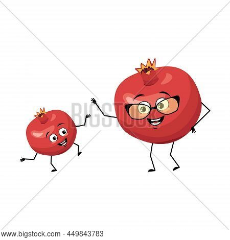 Pomegranate Character With Happy Emotion, Joyful Face, Smile Eyes, Arms And Legs. Person With Happy 
