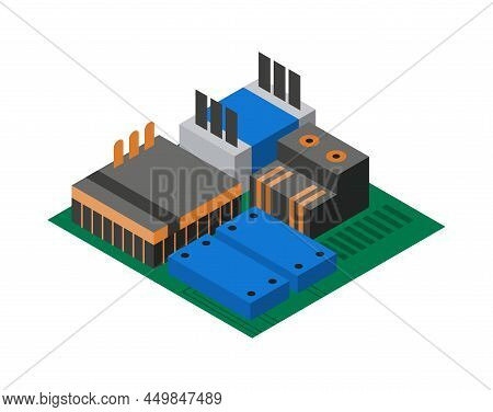 Isometric Circuit Board With Electronic Components. Computer Chip Technology Processor Circuit And C