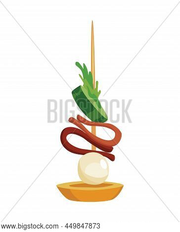 Canape Of Appetizer With Toppings. Snack For Party, Cold Food On Wooden Stick. Canape For Buffet, Ic