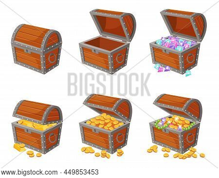 Cartoon Treasure Piles With Coins, Jewels, Gems And Gold Bars. Pirate Treasures, Pile Of Gold, Preci