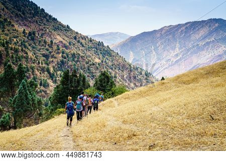 August 25, 2016, Shirkent, Tajikistan: A group of tourists on a trail in Hissar Valley in Tajikistan