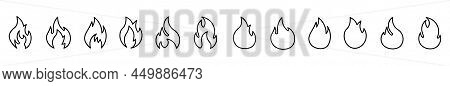 Twelve Flame Of Various Shapes Bonfire Vector Illustration Background White,fire Flat Line Icons Set
