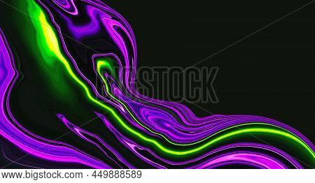 Bright Fluid Purple Black Neon Green Texture Background. Abstract Liquid Ink Violet Wave. Art Trippy