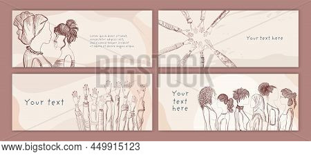 Group Diverse Women And Girls. Sketch Of Multicultural Women. Female Social Network Community. Racia