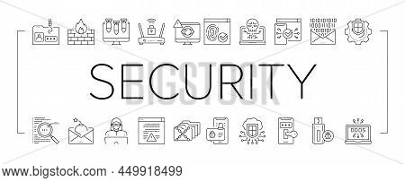 Internet Security Collection Icons Set Vector. Internet Ddos Computer Attack And Flash Drive With Vi