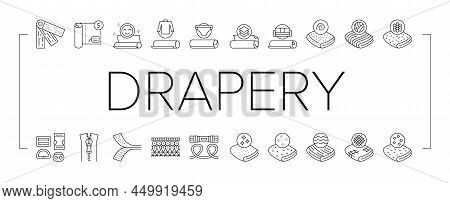 Drapery Shop Sale Collection Icons Set Vector. Felt And Velvet, Acrylic And Atlas, Silk And Satin, L