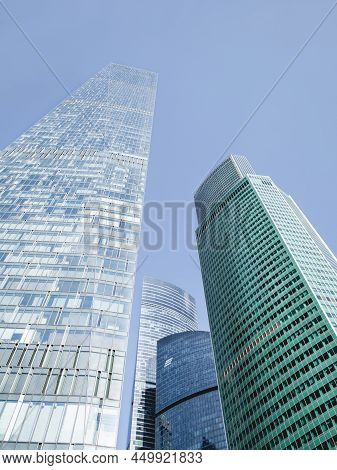 Moscow, Russia - September 18, 2021. Bottom View On Oko Buildings And Eurasia Tower Of Moscow Intern