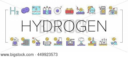Hydrogen Industry Collection Icons Set Vector. Hydrogen Eco Energy Industrial Plant And Manufacturin
