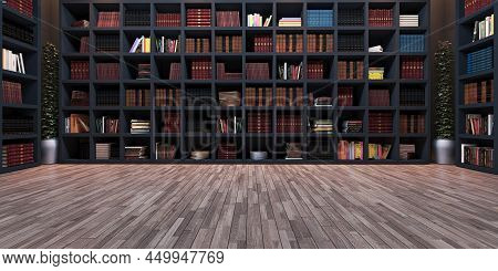 Modern Big Library Design, Black Wooden Library With Wooden Parquet Realistic 3d Rendering
