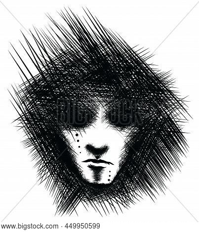 Scary Face Illustration On White Background. Black Lines Hand Drawn Gothic Character. Witcher Design