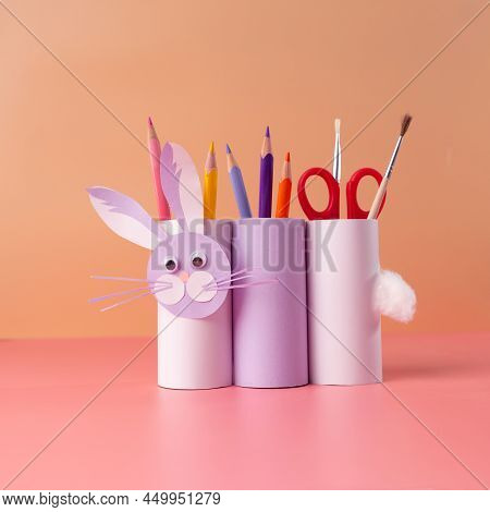 Diy Rabbit Or Bunny Toy, Handmade Pencil Holder, Toilet Paper Roll Craft Concept For Kid And Kinderg