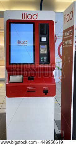 Bologna - Italy - February 23, 2022: Iliad Automatic Terminals Inside A Mall. Iliad Is A French Low 