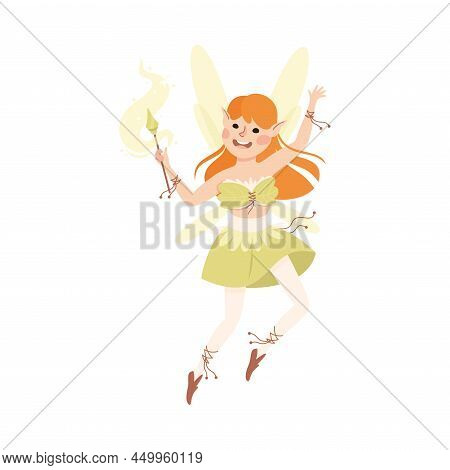 Cute Girl Fairy Flying With Wings Holding Magic Wand Vector Illustration