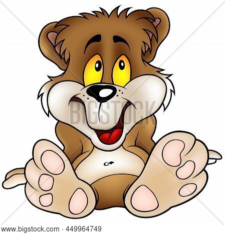 Cute Brown Smiling Teddy Bear With Yellow Eyes Sitting On The Ground - Colored Cartoon Illustration 