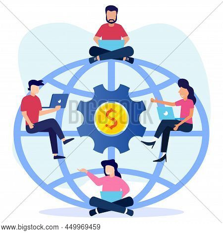 Vector Illustration Of Global Freelancing With Outsourcing Of Work Around The Concept Between Countr