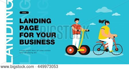 Girl Riding Bicycle And Boy On Electric Personal Transporter. Children On Modern Eco Transport Flat 