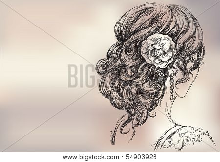 Vector drawing of a beautiful girl, bridal hairstyle
