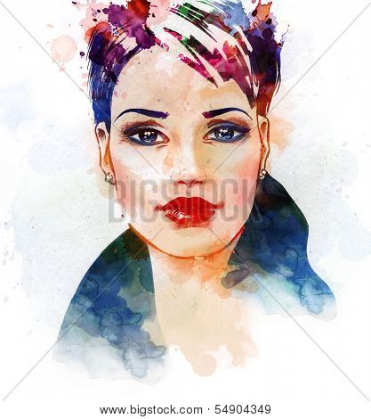 Watercolor fashion illustration of the beautiful young girl.