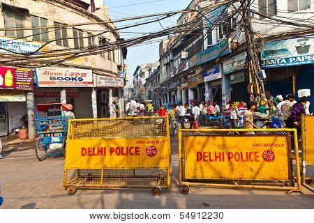 Road Barriers Of Delhi Police Stands Around The Old Part Of The Town