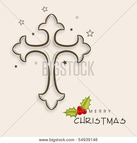 Merry Christmas celebration greeting card or invitation card with Christian cross on abstract background. 