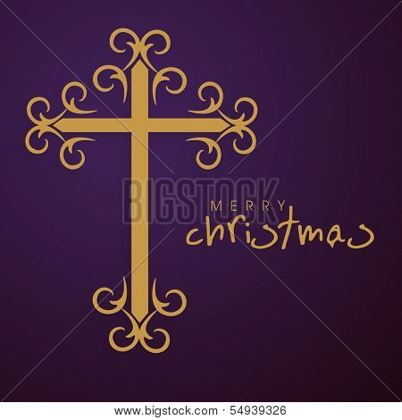 Merry Christmas celebration greeting card or invitation card with golden christian cross on purple background. 