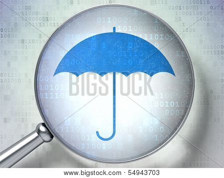 Security concept: Umbrella with optical glass on digital background