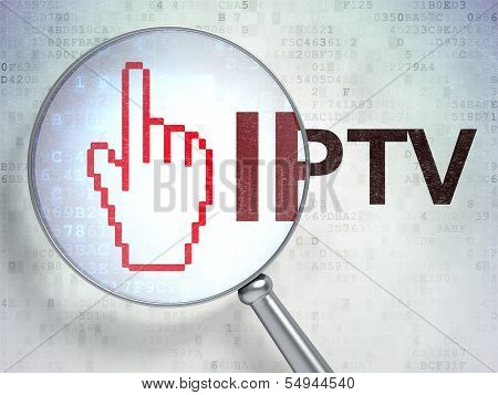 Web design concept: Mouse Cursor and IPTV with optical glass