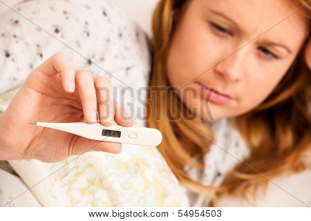 Woman Checking Feaver With Digital Termomether Girl With Flu