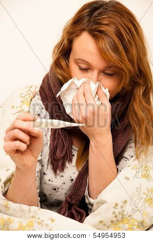 Woman Checking Feaver With Digital Termomether Girl With Flu