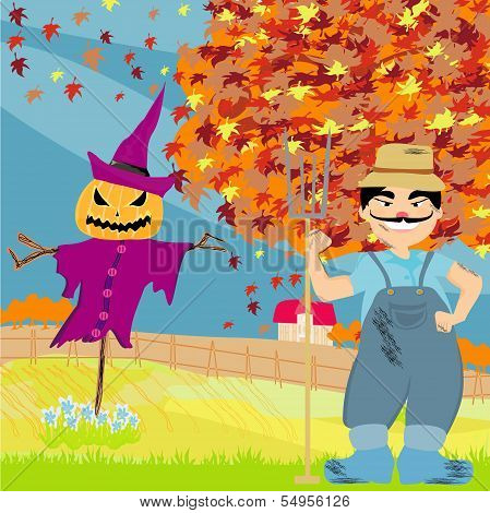Smiling Redneck In Autumn Landscape
