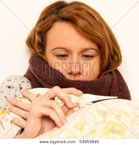 Woman Checking Feaver With Digital Termomether Girl With Flu