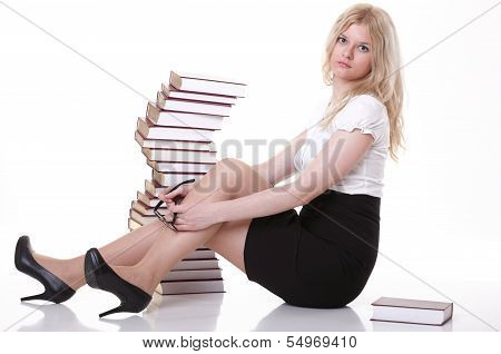 Beautiful Young Woman With Books White Background