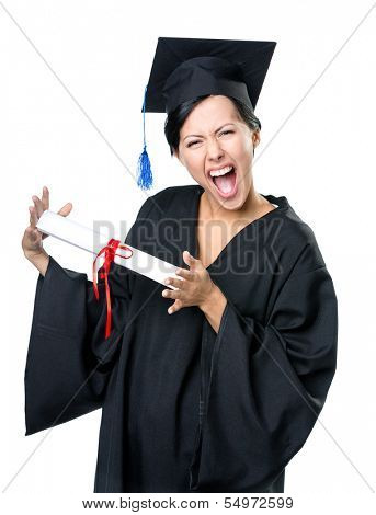 Graduating student in academic black gown and square cap with the diploma, isolated on white